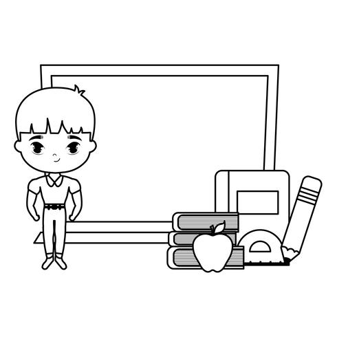 cute little student boy with board and supplies school vector