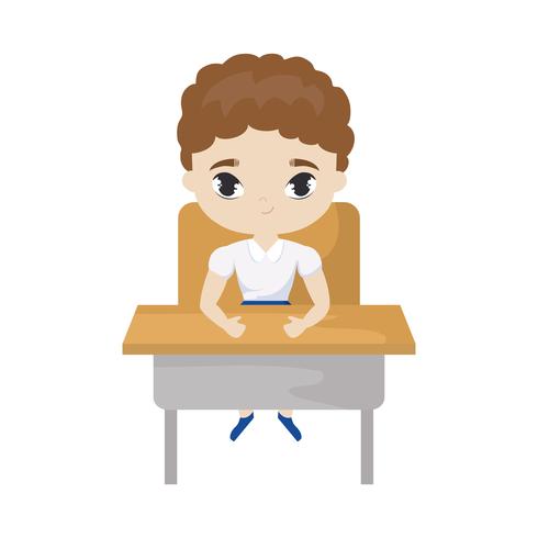 niño pequeño estudiante sentado en el escritorio de la escuela vector