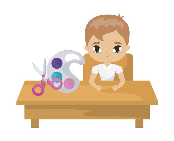 student boy sitting in school desk with supplies education vector