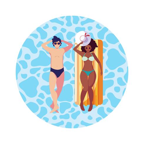 interracial couple with float mattress in water vector