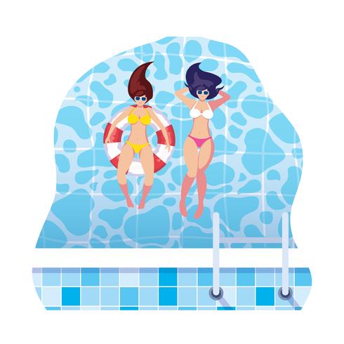 Chicas con traje de baño y salvavidas flotan en el agua. vector