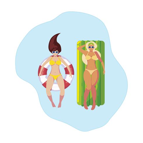 girls with swimsuit in lifeguard and mattress floats in water vector