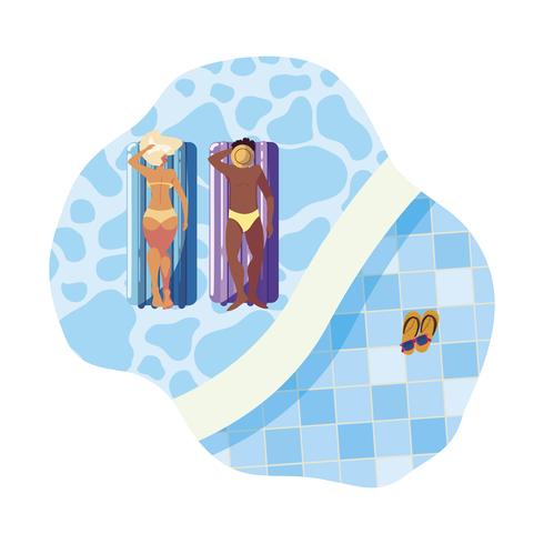 interracial couple with float mattress in water vector