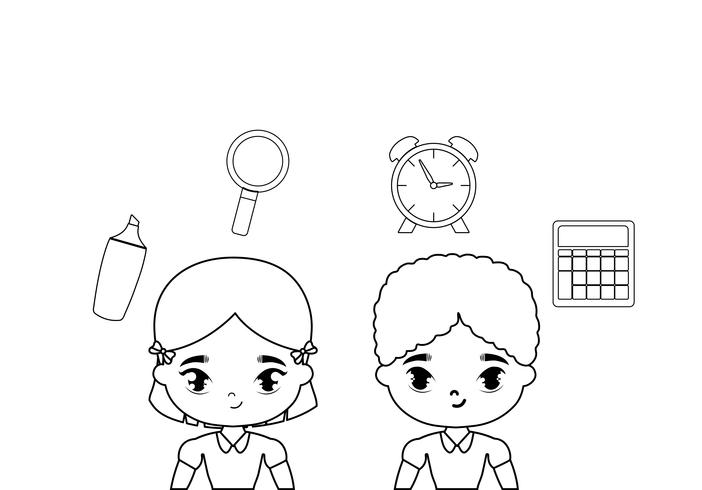 cute little students with supplies school vector