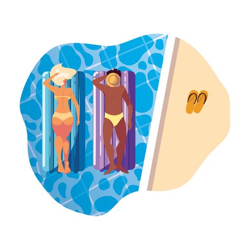 interracial couple with float mattress in water vector