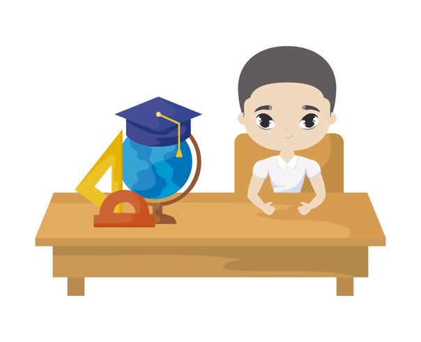 student boy sitting in school desk with supplies education vector