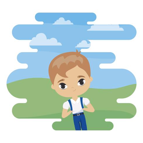 cute little student boy in landscape scene vector