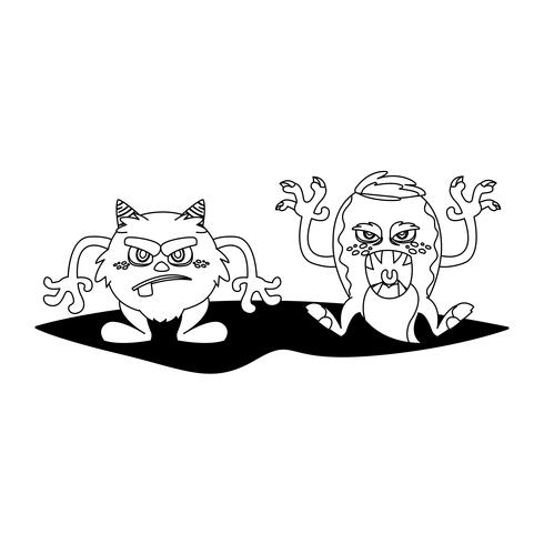 funny monsters couple comic characters monochrome vector