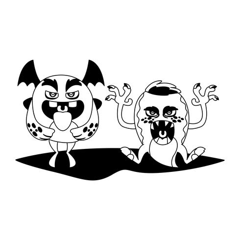 funny monsters couple comic characters monochrome vector