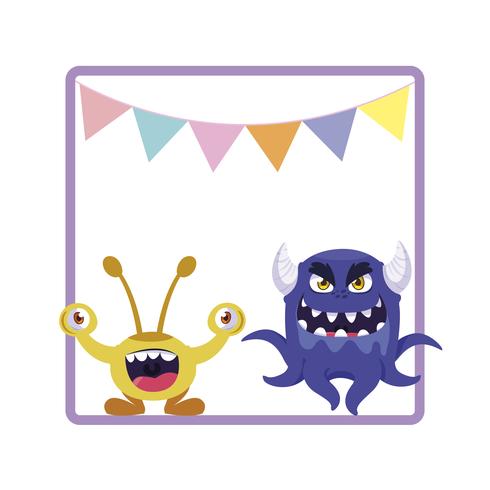 square frame with funny monsters and garlands hanging vector