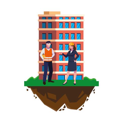 male builder constructor with woman engineer and building vector