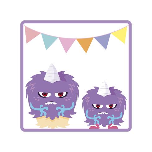 square frame with funny monsters and garlands hanging vector