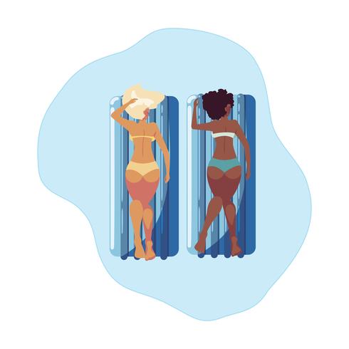 Hermosas chicas interraciales con colchón flotador en agua. vector