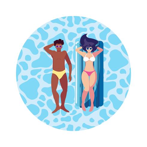 Pareja interracial con colchón flotador en agua. vector