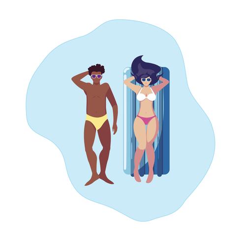 Pareja interracial con colchón flotador en agua. vector