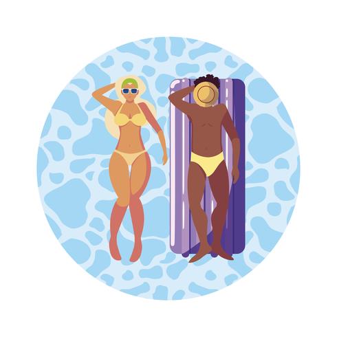 interracial couple with float mattress in water vector