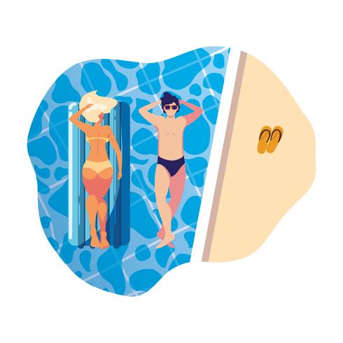 young couple with float mattress in pool vector