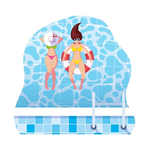 Chicas con traje de baño y salvavidas flotan en el agua. vector