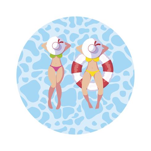 Chicas con traje de baño y salvavidas flotan en el agua. vector