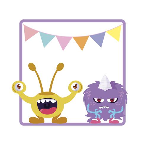 square frame with funny monsters and garlands hanging vector