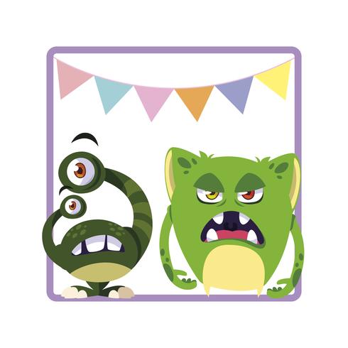 square frame with funny monsters and garlands hanging vector