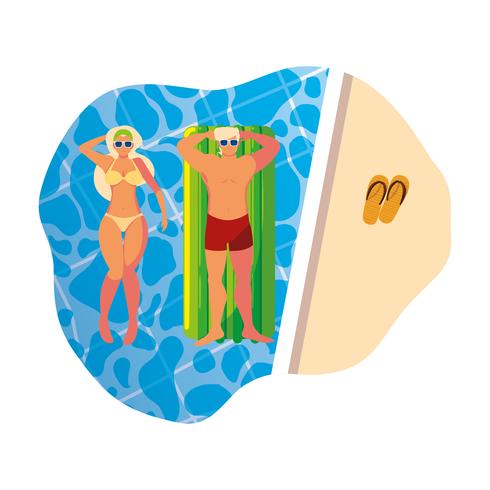 young couple with float mattress in pool vector