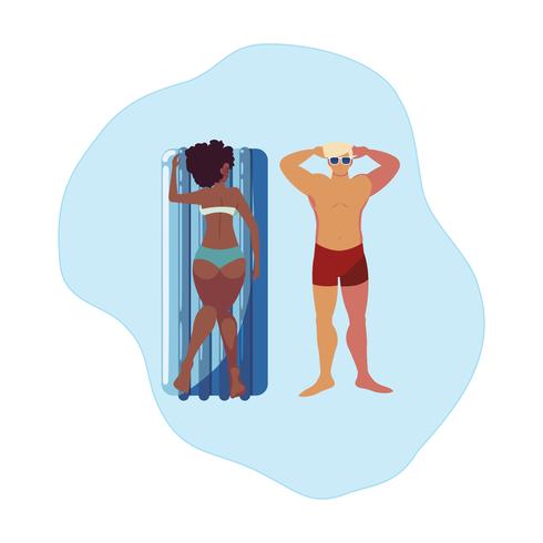 Pareja interracial con colchón flotador en agua. vector