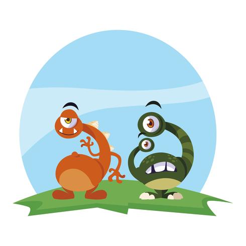 funny monsters couple in the field characters colorful vector