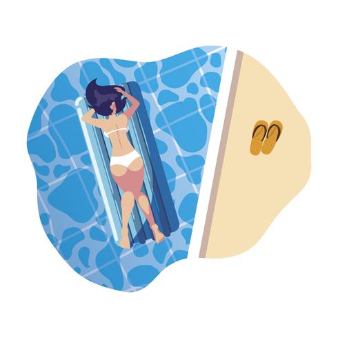 woman tanning in float mattress floating in water vector