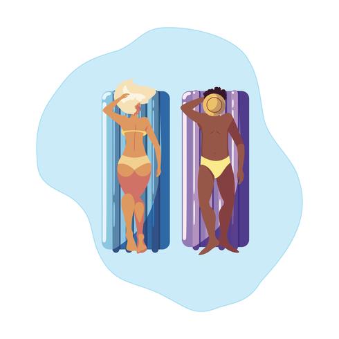 interracial couple with float mattress in water vector