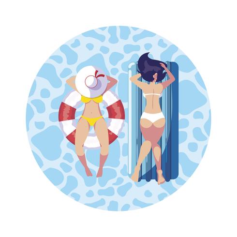 girls with swimsuit in lifeguard and mattress floats in water vector