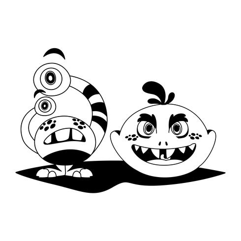divertidos monstruos pareja comic personajes monocromo vector