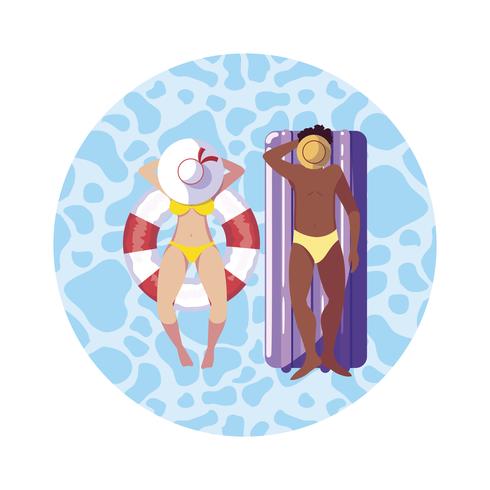 interracial couple with float mattress in water vector