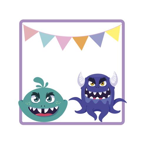 square frame with funny monsters and garlands hanging vector