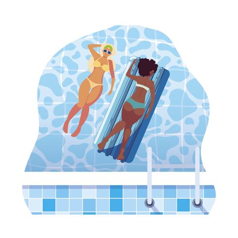 Hermosas chicas interraciales con colchón flotador en agua. vector