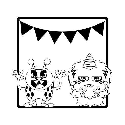 monochrome frame with monsters and garlands hanging vector