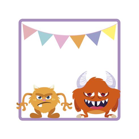 square frame with funny monsters and garlands hanging vector