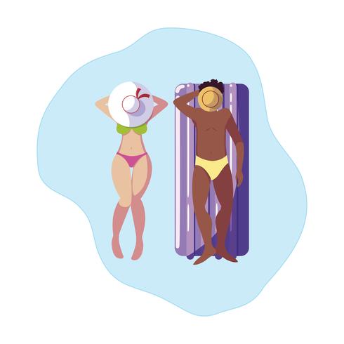 interracial couple with float mattress in water vector
