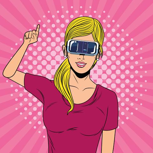 Mujer con tecnología de gafas de realidad virtual. vector