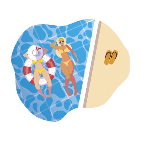 girls with swimsuit and lifeguard float in water vector