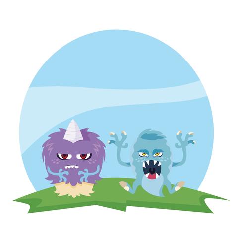 funny monsters couple in the field characters colorful vector