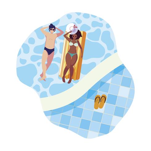 Pareja interracial con colchón flotador en agua. vector