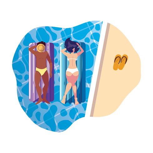 interracial couple with float mattress in water vector