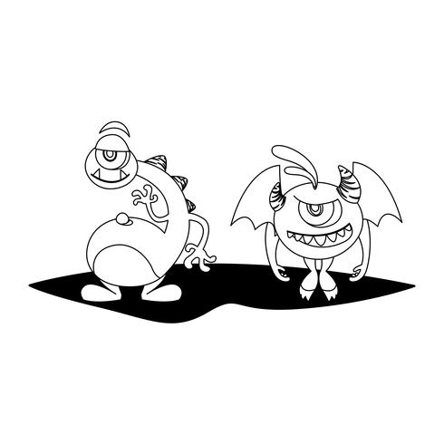 funny monsters couple comic characters monochrome vector