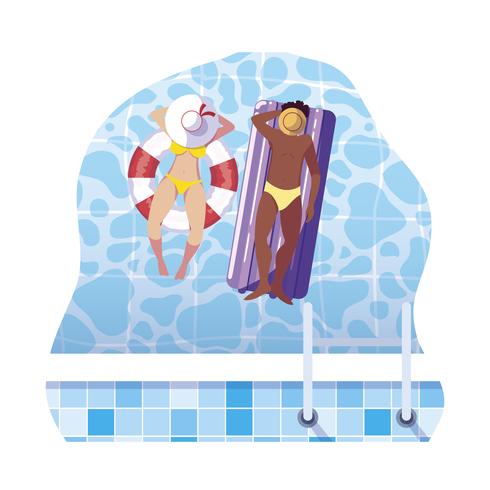 Pareja interracial con colchón flotador en agua. vector