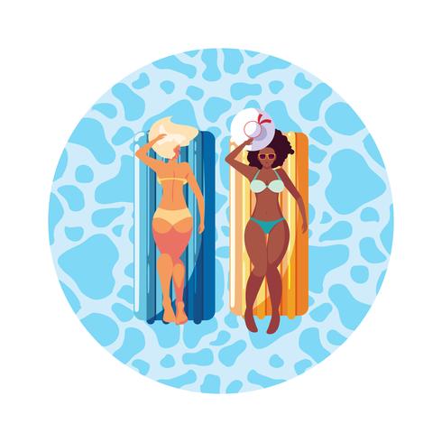 Hermosas chicas interraciales con colchón flotador en agua. vector