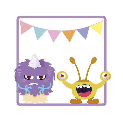 square frame with funny monsters and garlands hanging vector