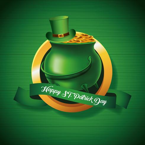 Happy Saint Patrick's Badge With Pot of Gold on Green Background vector