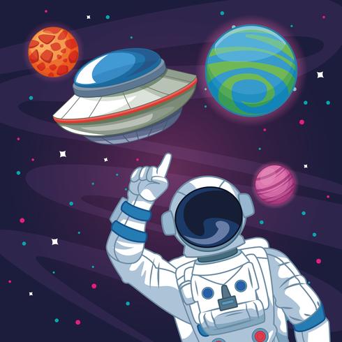 Astronauta en la caricatura de la galaxia. vector