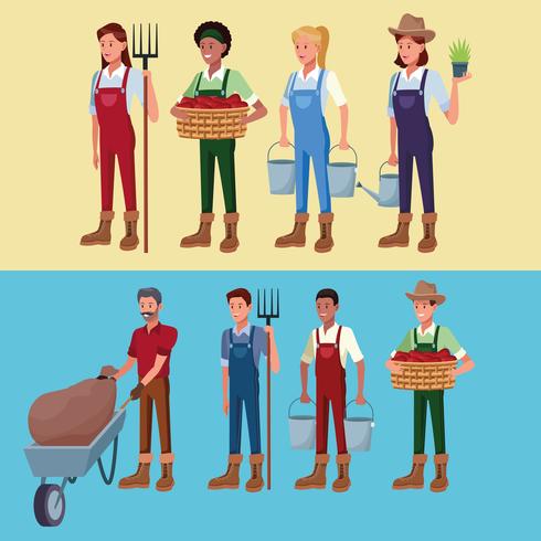 Agricultores que trabajan en caricaturas de la granja. vector